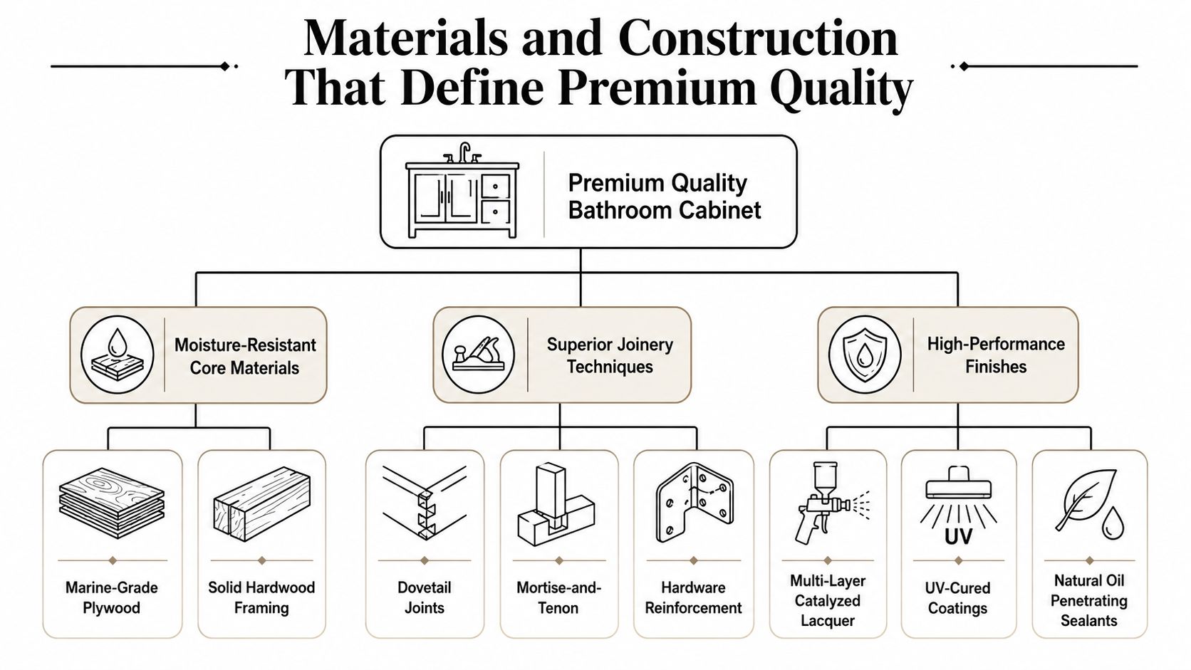 A diagram illustrating the premium quality materials and construction techniques used to build bathroom cabinets.