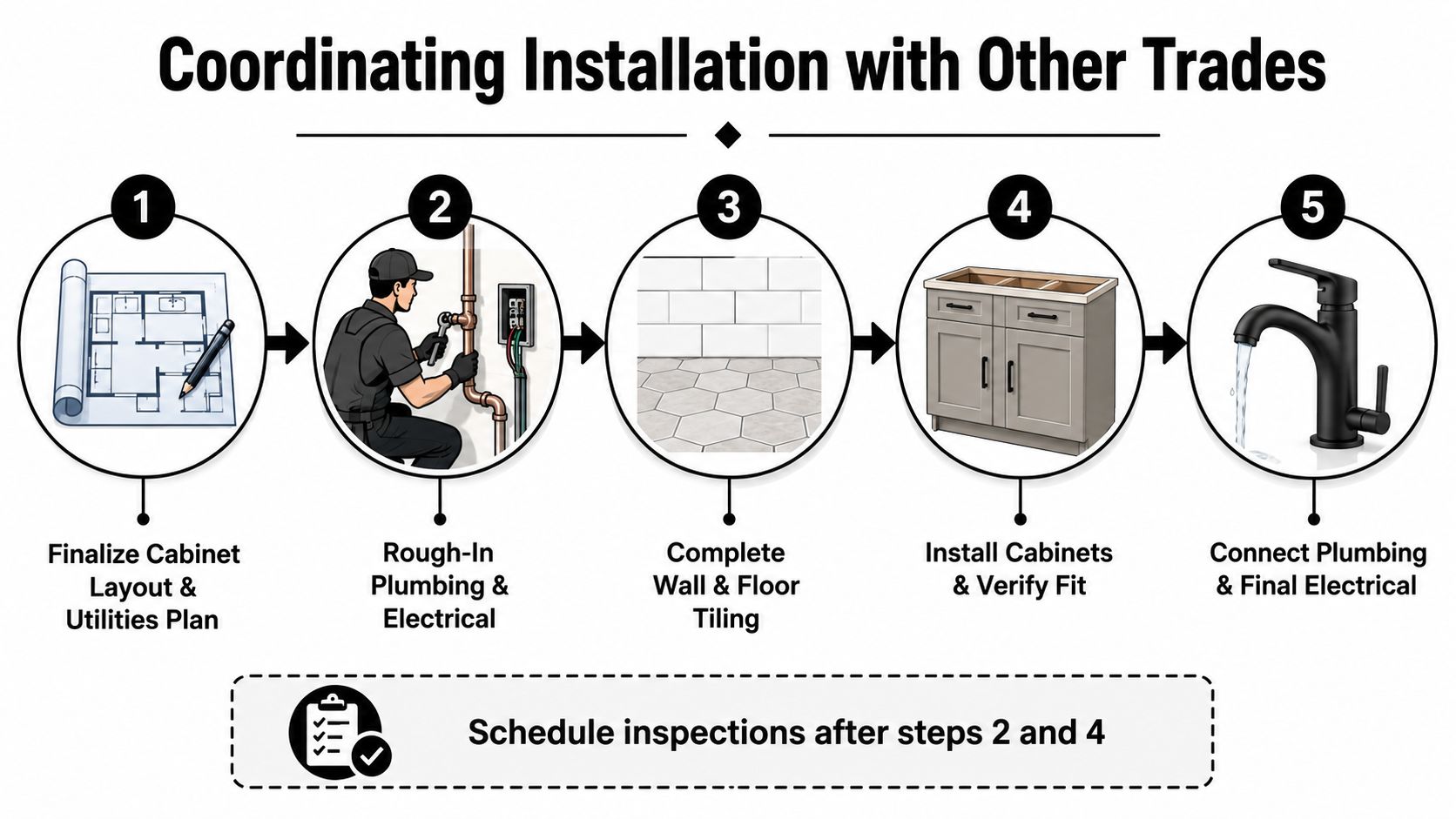 A five-step infographic showing the process of coordinating bathroom cabinet installation with other professional trade services.