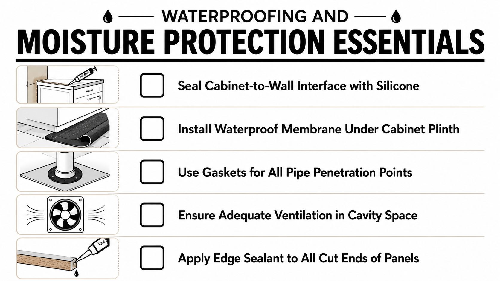 A checklist illustrating essential waterproofing and moisture protection tips for installing bathroom cabinets and kitchen fixtures.