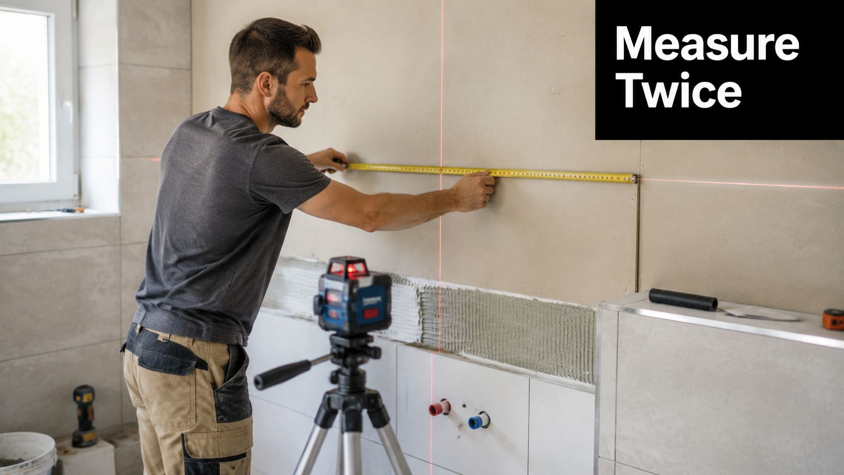 A professional construction worker uses a laser level and measuring tape to accurately mark a wall.