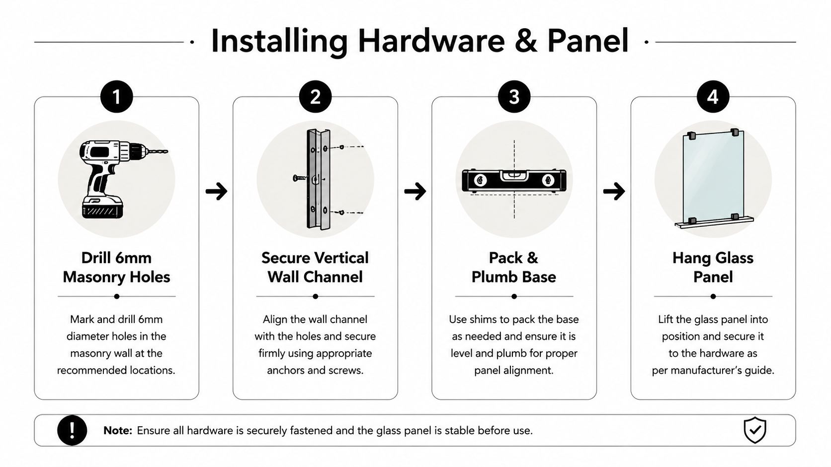 An instructional infographic detailing the four-step installation process for a glass shower screen wall panel.
