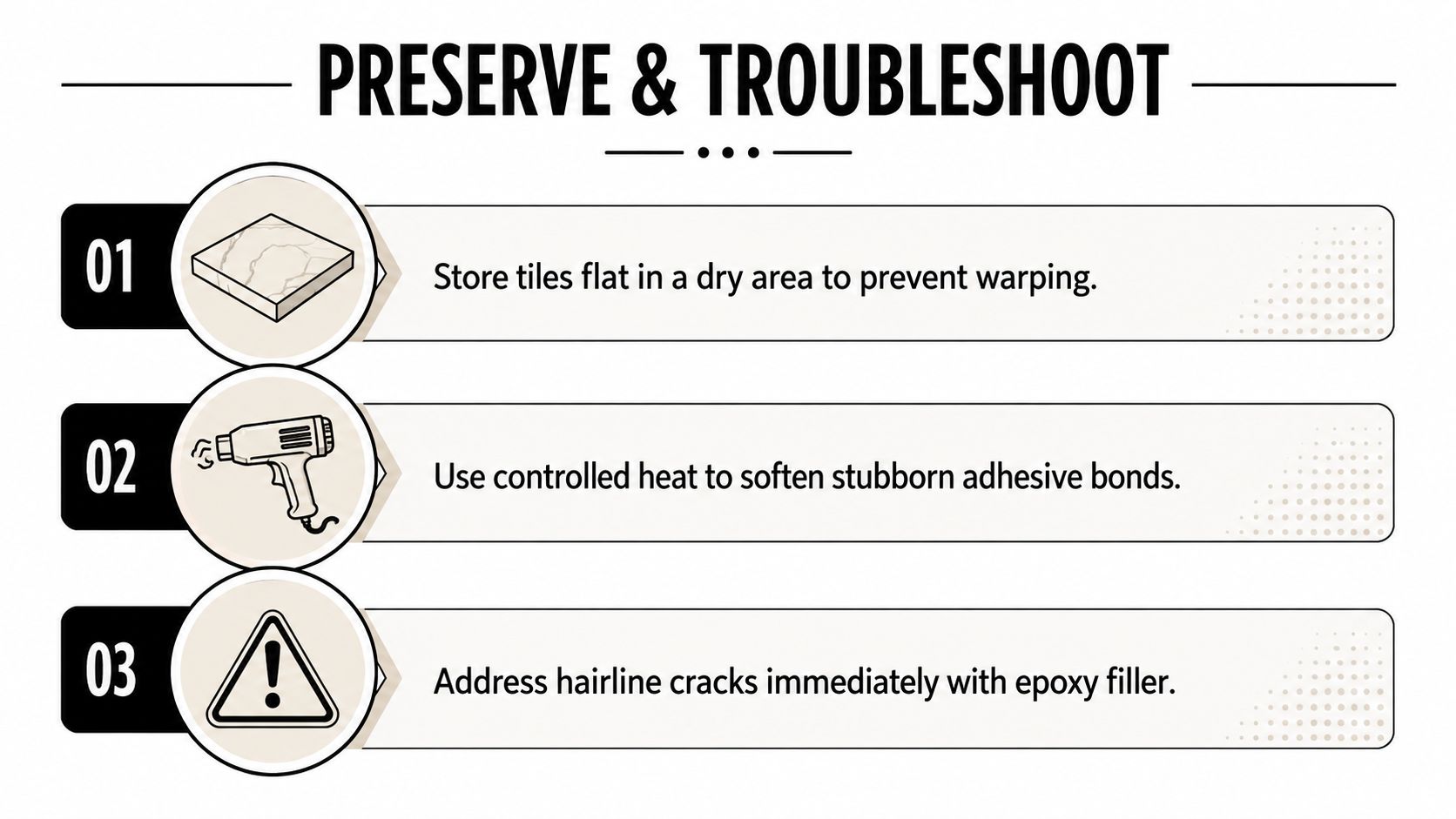 An infographic titled Preserve and Troubleshoot, displaying three numbered steps for managing and repairing tile flooring.