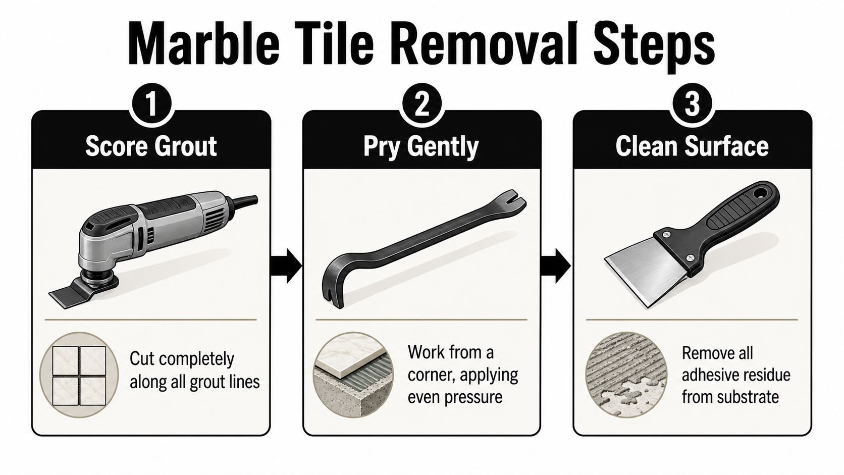 An infographic showing three steps to remove marble floor tiles: scoring grout, prying tiles, and cleaning surface.