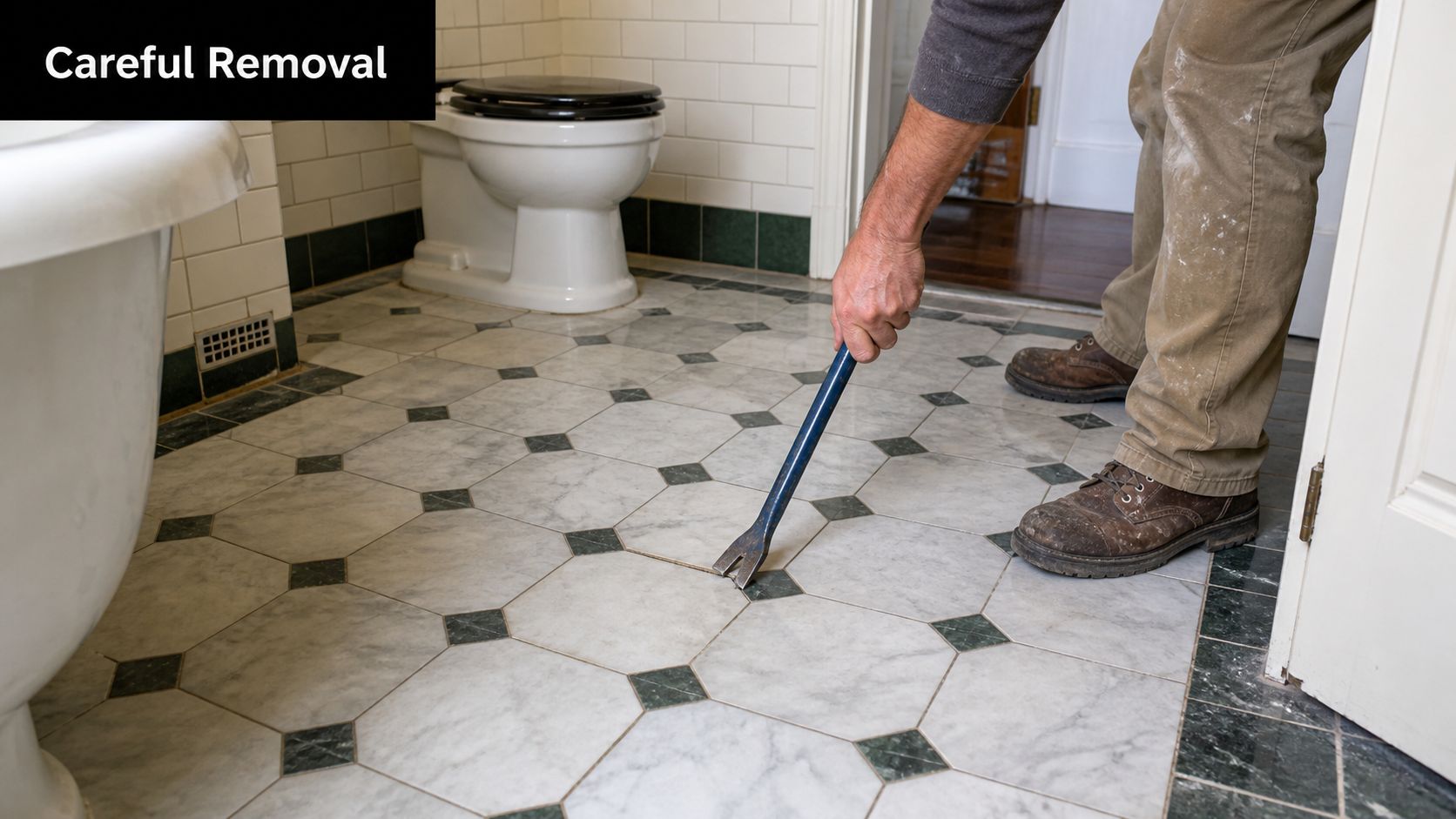 A construction worker uses a blue pry bar to carefully remove a marble floor tile in a bathroom.
