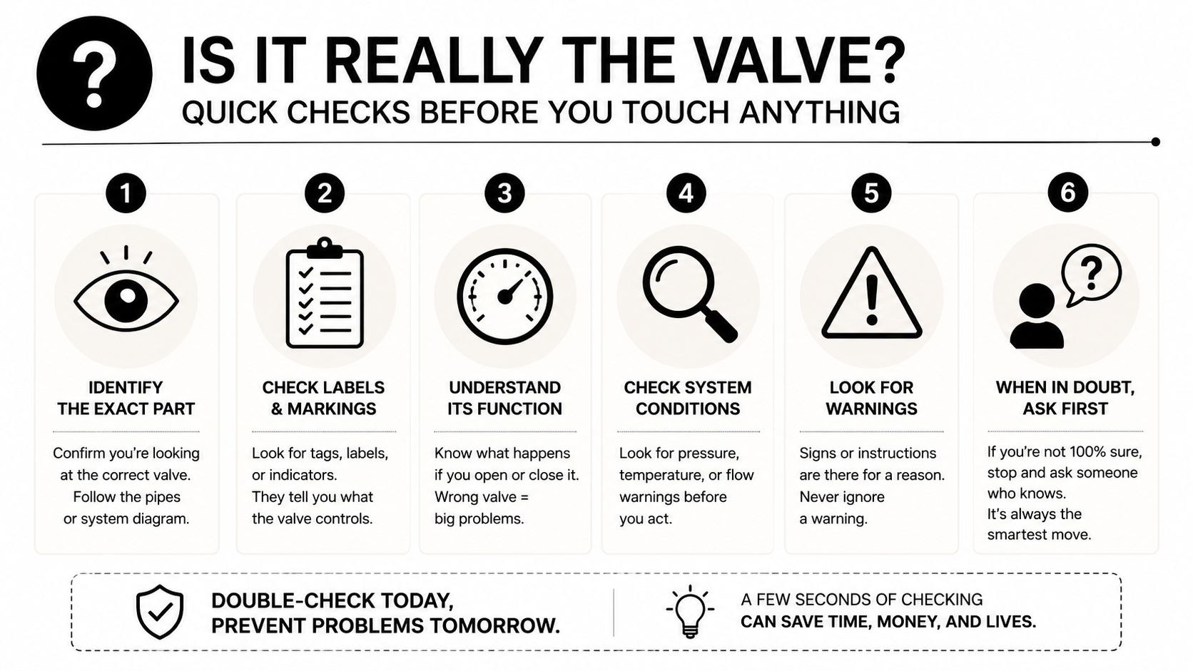 A safety infographic showing six numbered steps to check before working on industrial valves and equipment.