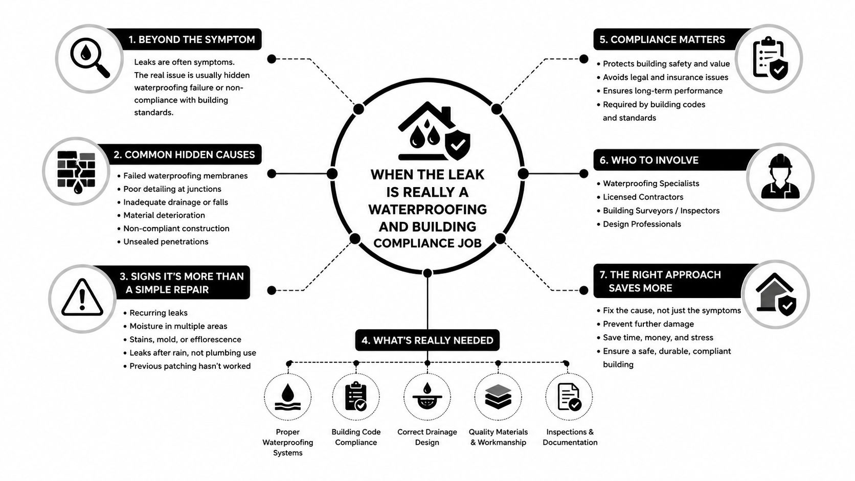 A diagram explaining that building leaks are often due to waterproofing and compliance issues, not just repairs.