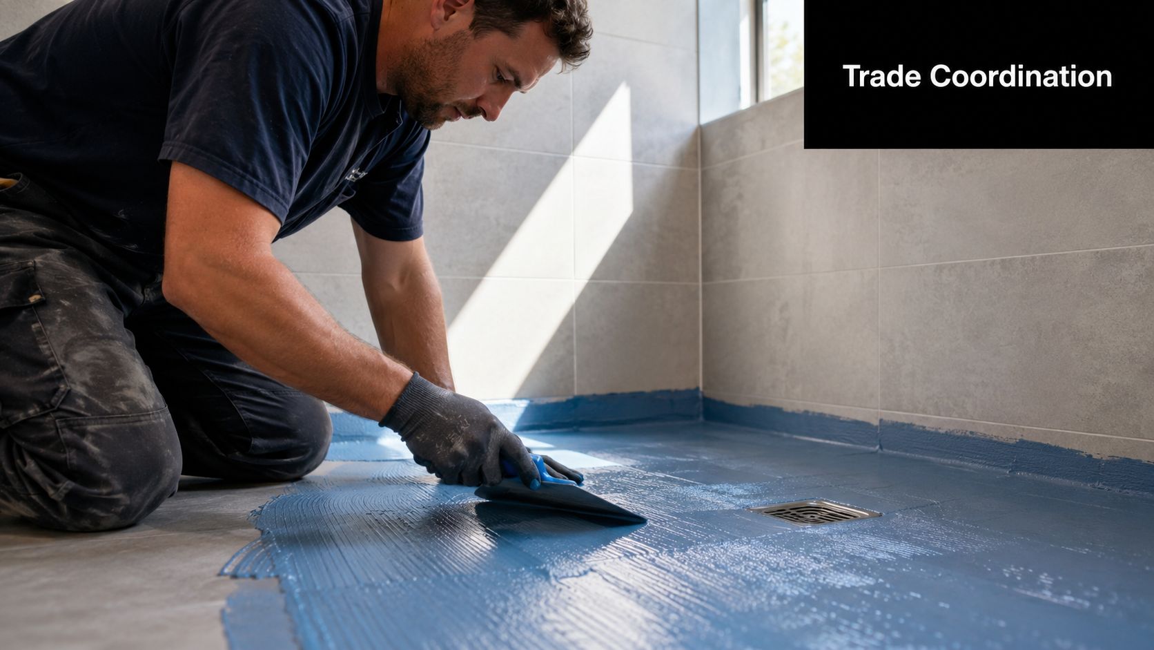 A professional construction worker applying blue waterproof membrane to a bathroom floor using a trowel
