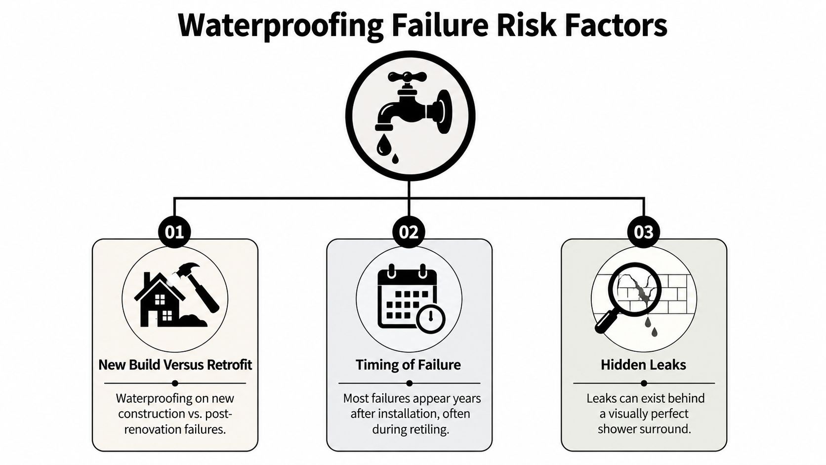 A diagram outlining three major risk factors for waterproofing failures in home construction and renovations.