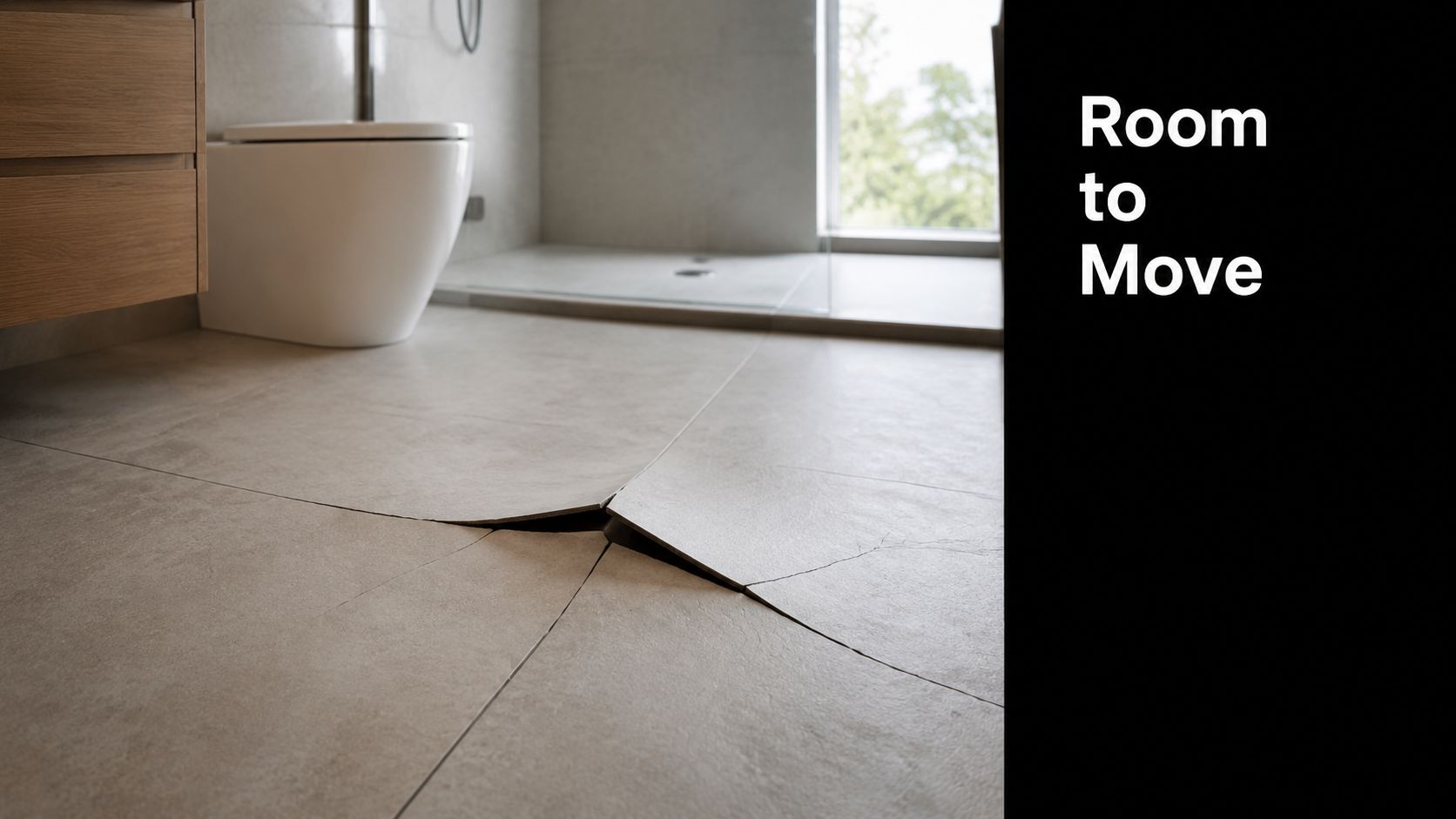 A bathroom floor showing tiles lifting and buckling due to lack of proper movement joints in tiling.