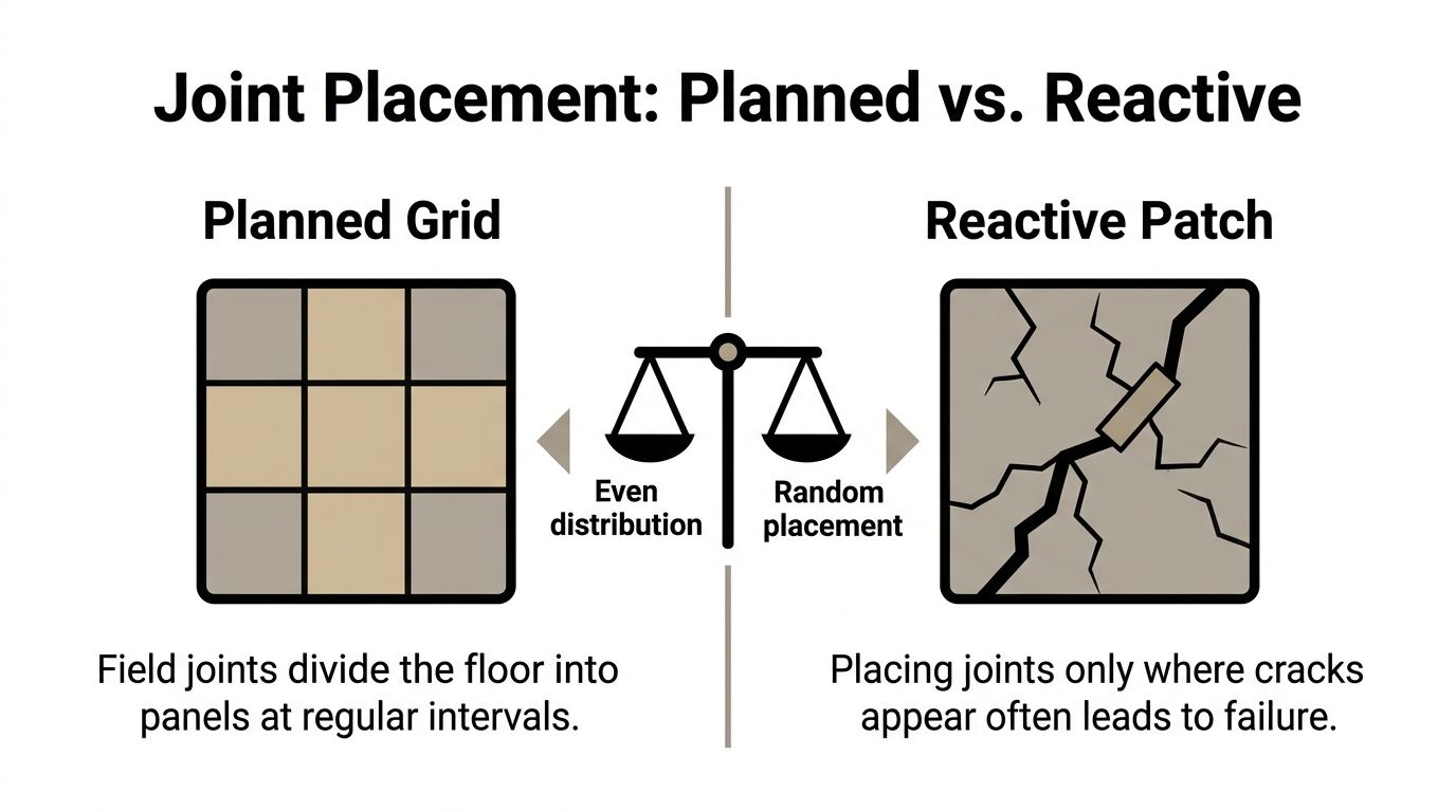 A diagram comparing organized planned floor joint grids to reactive, random crack patching in tiling.