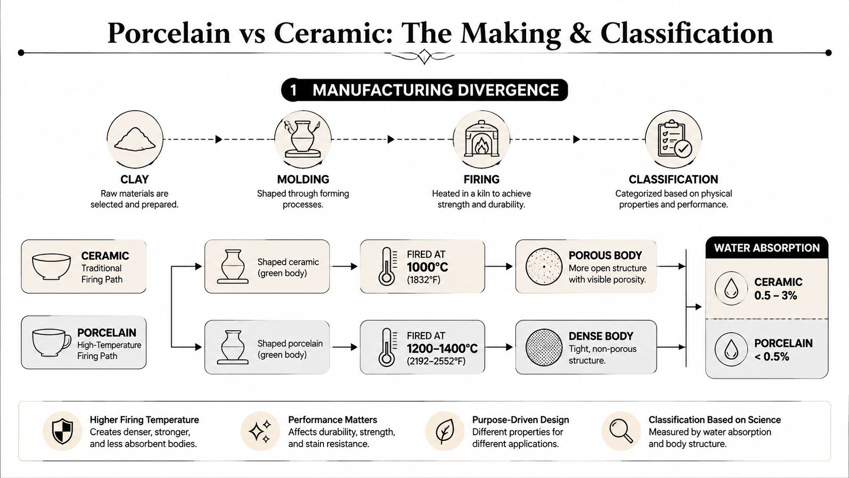 A detailed infographic explaining the manufacturing and classification differences between porcelain and ceramic materials through heating processes.