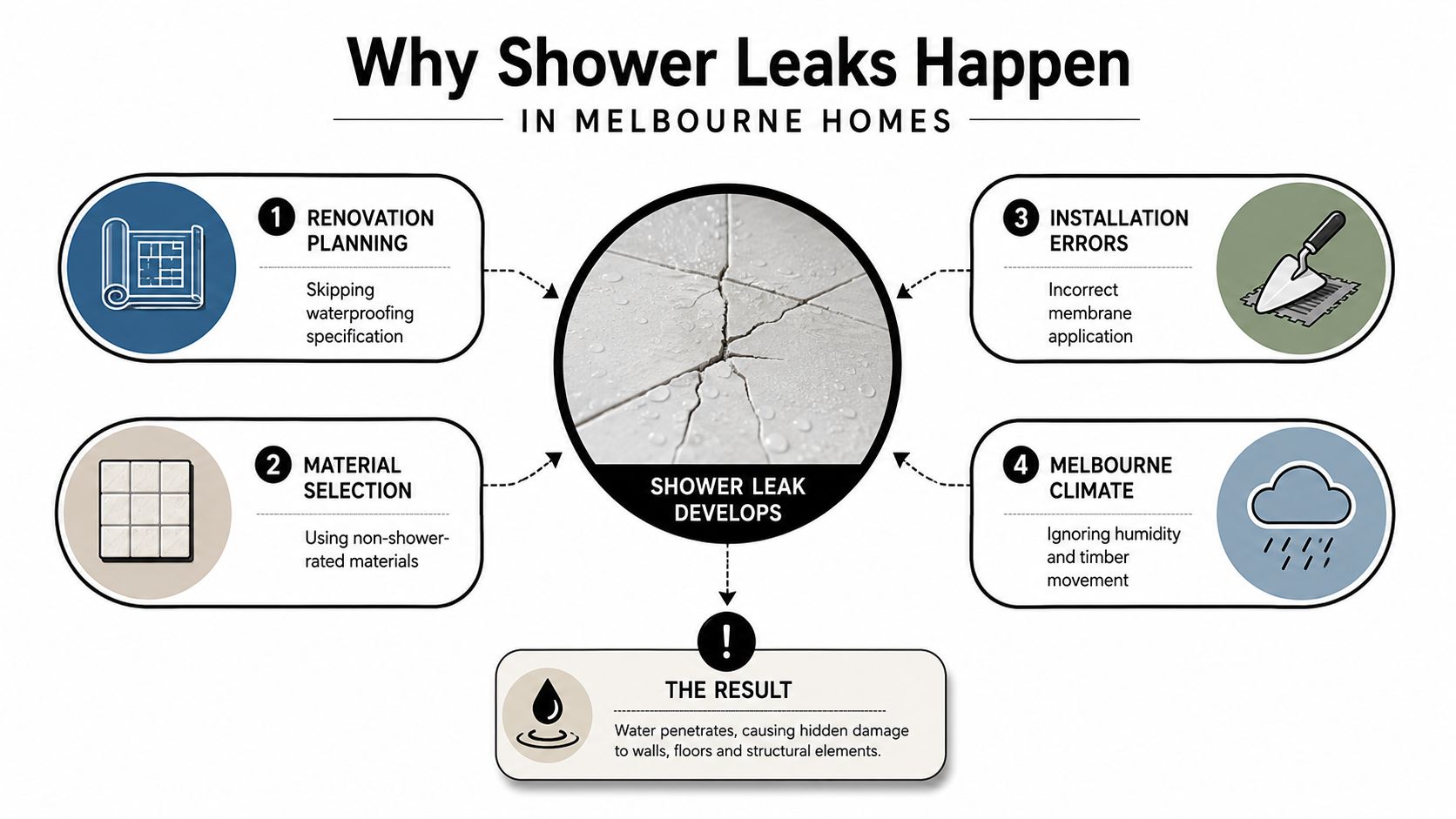 An infographic titled Why Shower Leaks Happen in Melbourne Homes, illustrating four main causes and results.