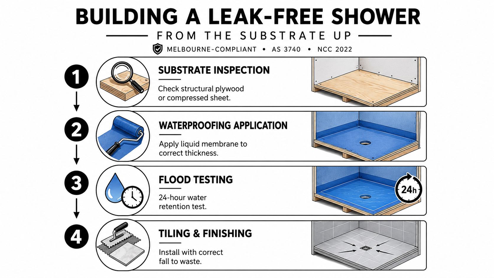 An infographic showing a four-step guide for building a leak-free shower base following construction standards.