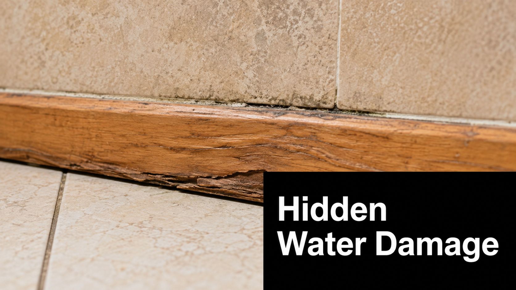 Close-up view of wooden baseboard showing severe water damage and wood rot near tiled bathroom floor.