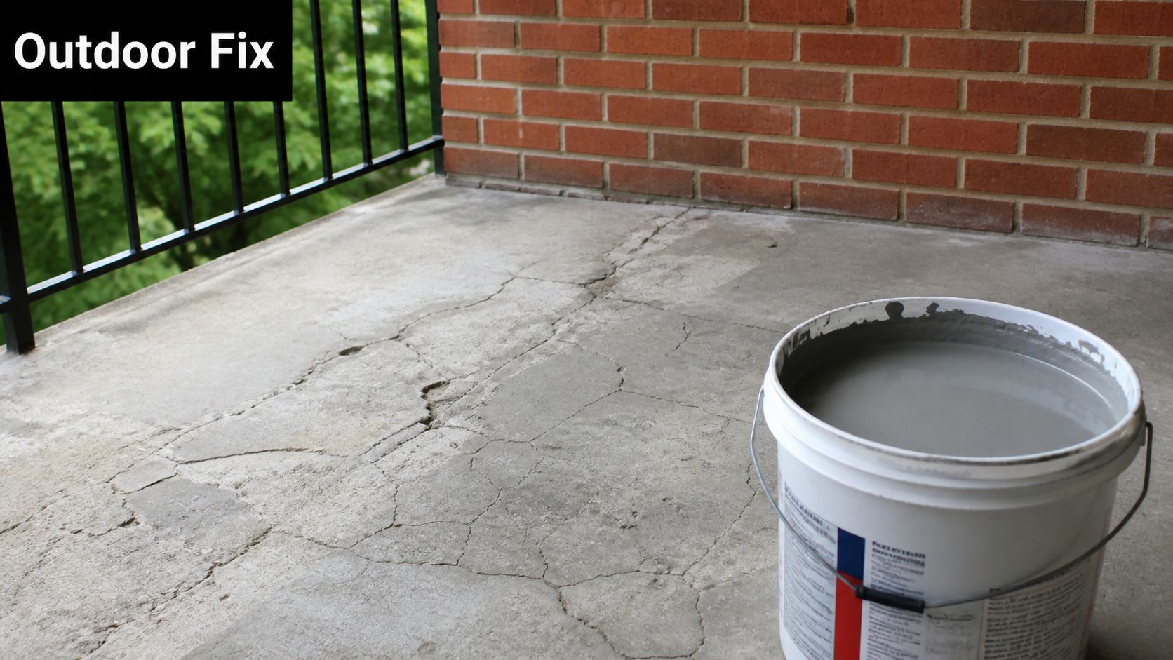A bucket of grey self-leveling compound sitting on a damaged concrete balcony floor ready for repair.