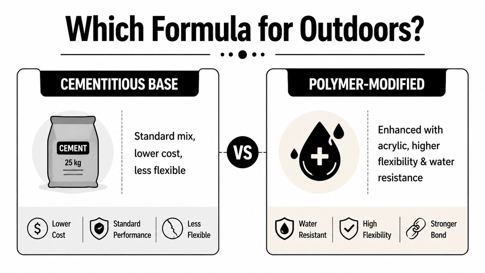 A comparison chart showing the differences between cementitious base and polymer-modified formulas for outdoor applications.