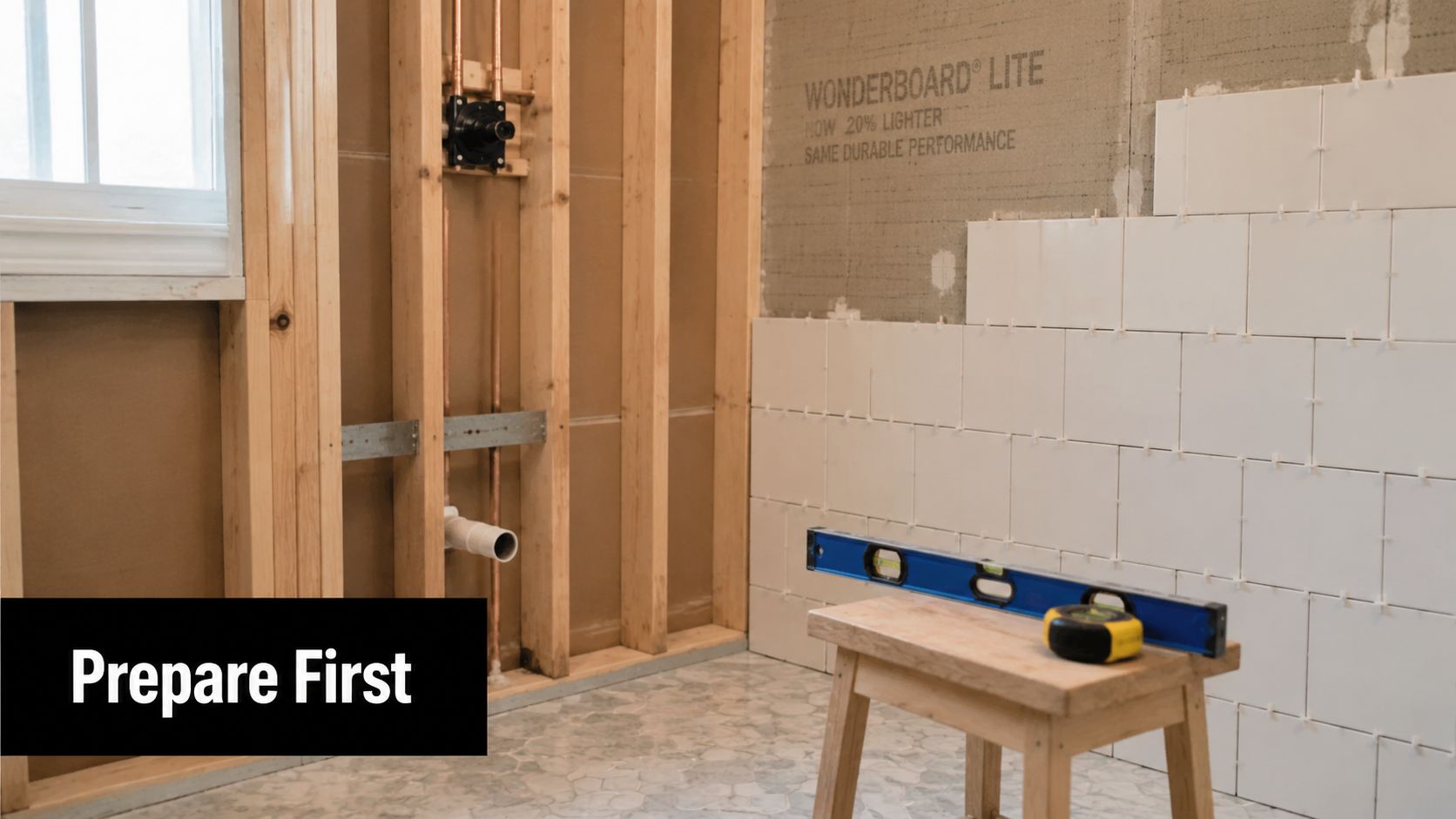 A bathroom renovation in progress featuring wall studs, plumbing pipes, and partially installed white wall tiles.