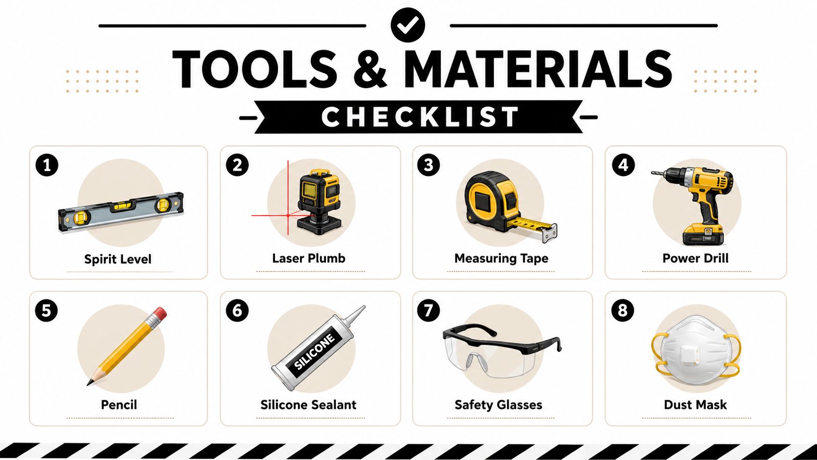 A numbered checklist showing essential tools and safety equipment for a home improvement or installation project.