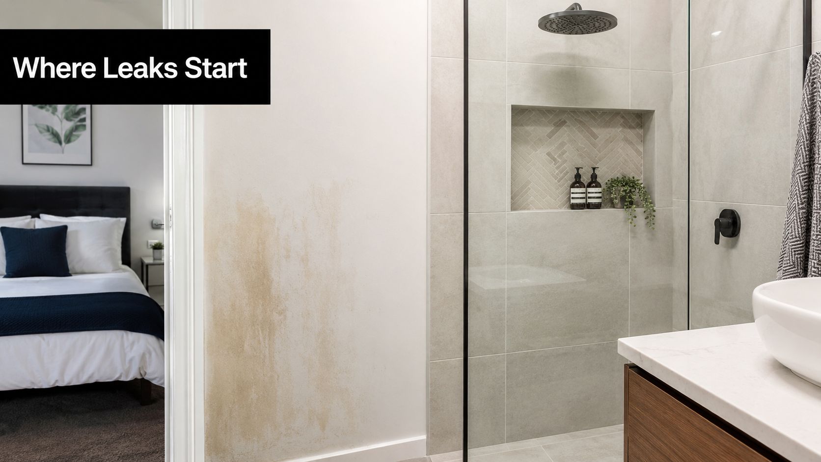 Stained wall next to a shower showing signs of water damage, highlighting potential shower niche waterproofing issues.