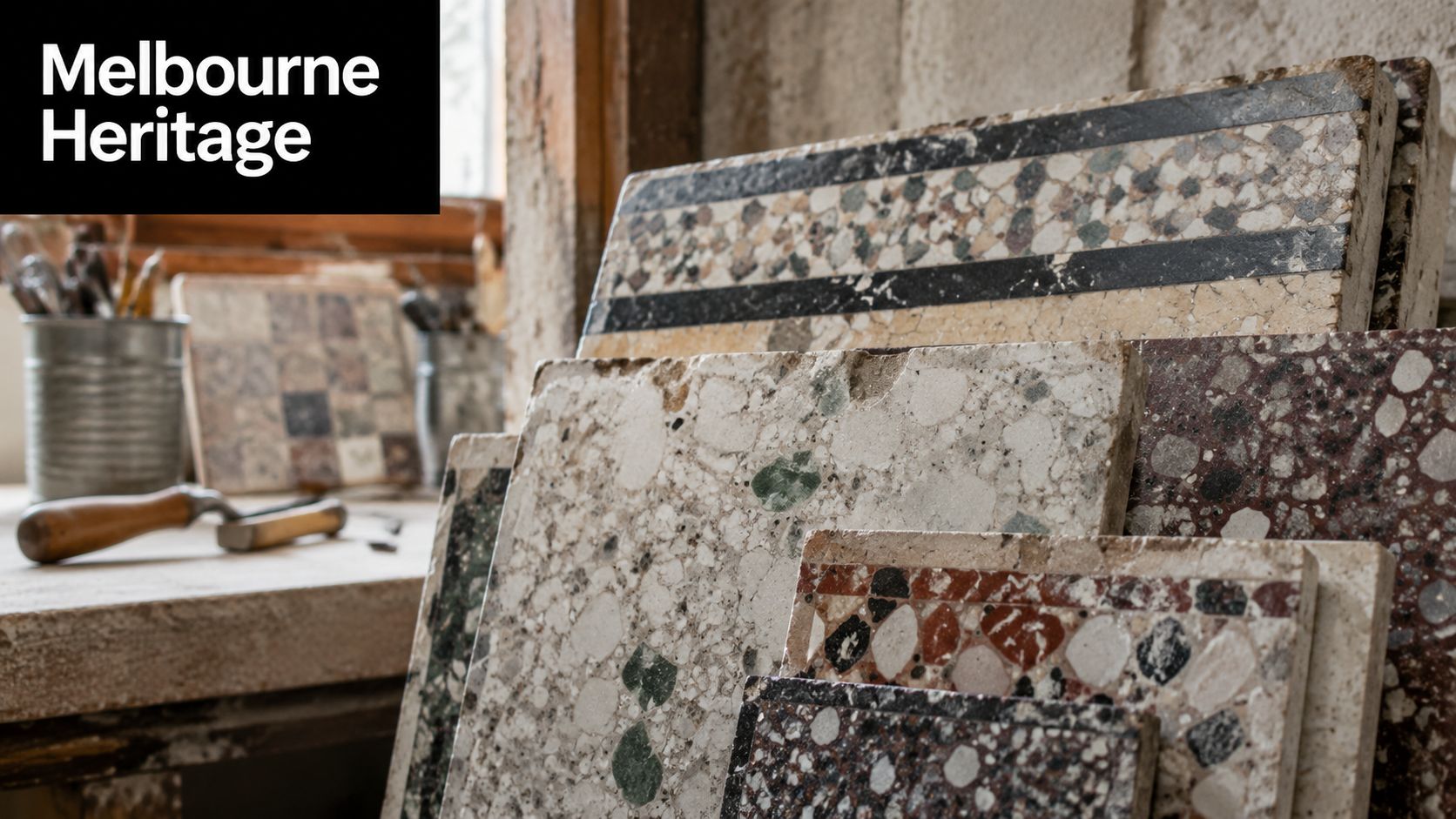 Various samples of decorative terrazzo stone tiles displayed in a workshop setting with tools nearby.