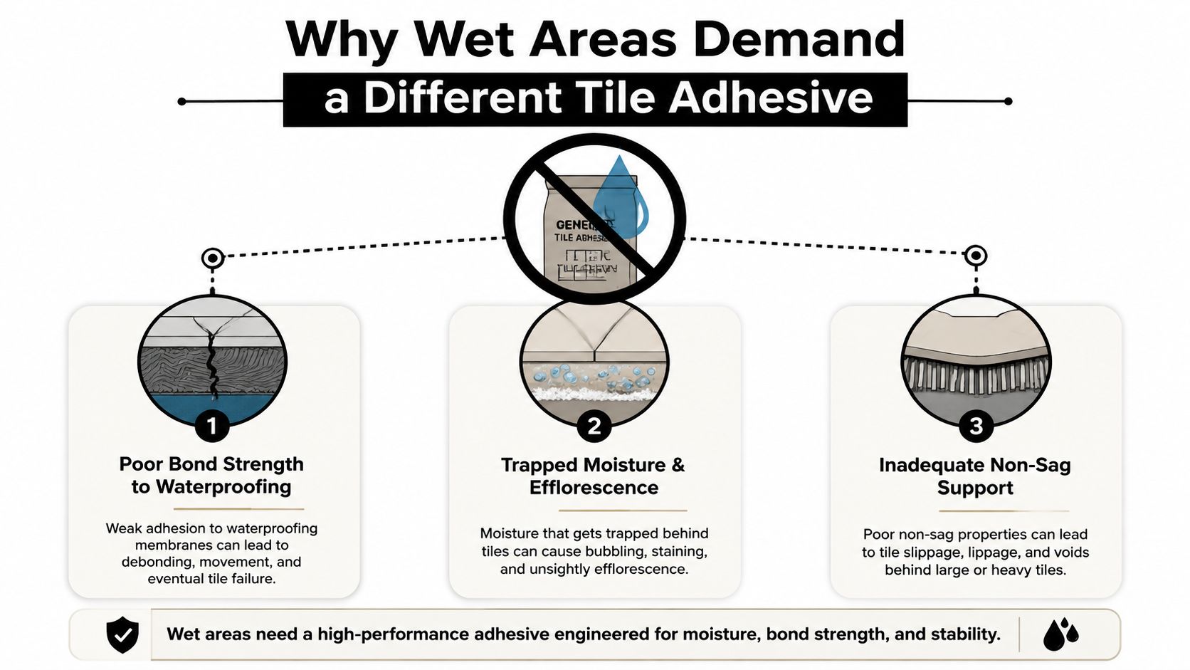 An infographic explaining the risks of using standard tile adhesive in wet areas like bathrooms and kitchens.