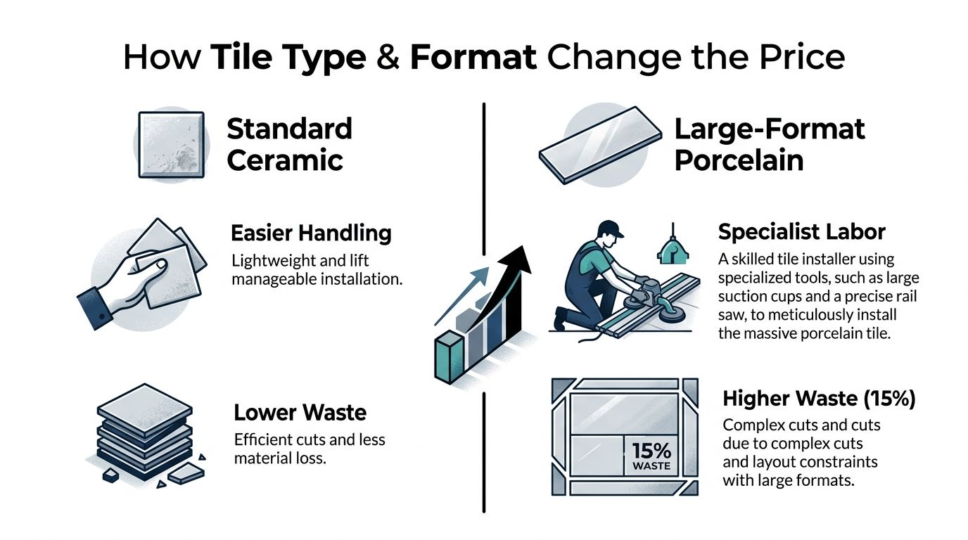 An infographic comparing the cost factors between standard ceramic tiles and large-format porcelain tile installation projects.