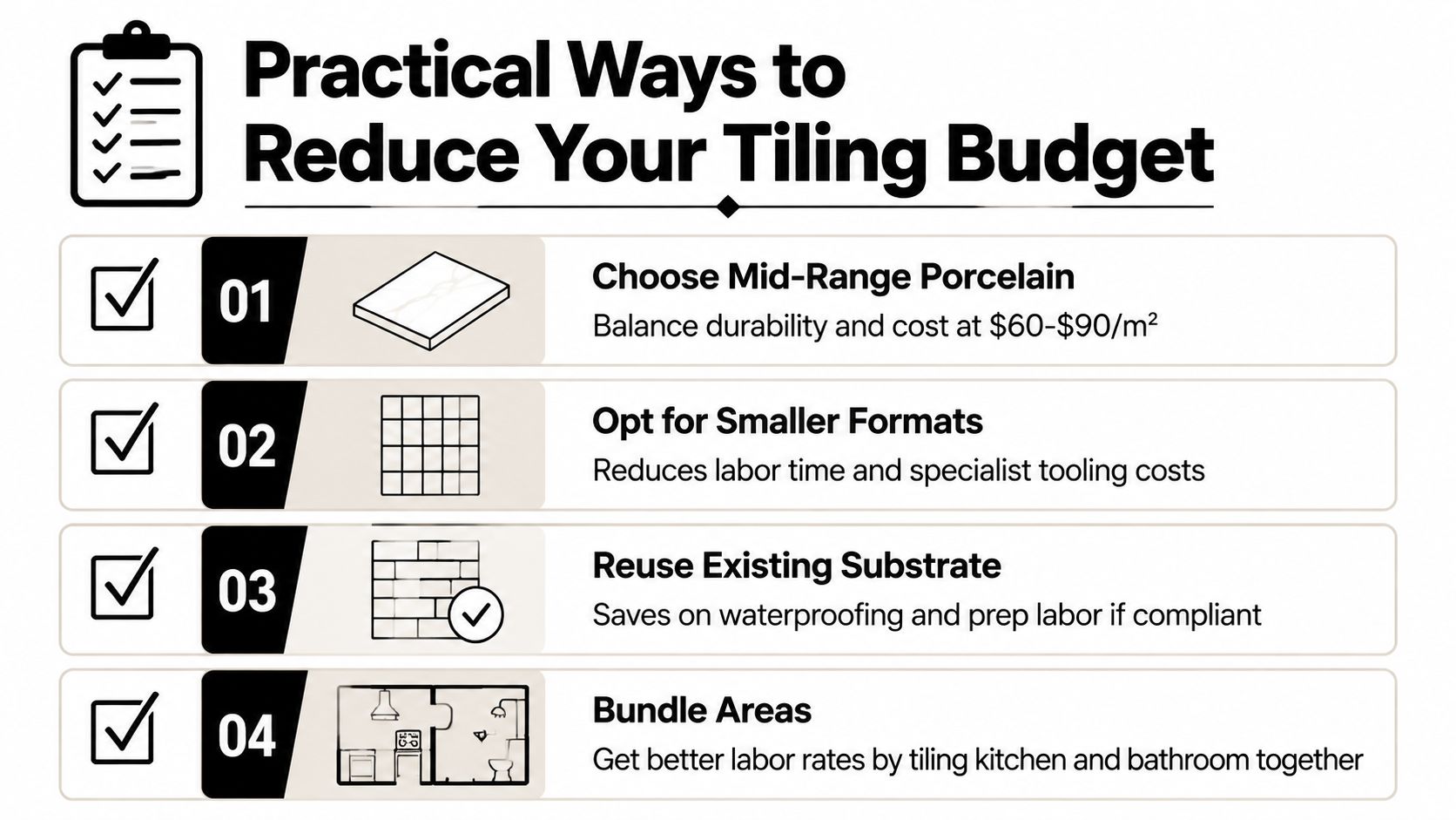 A four-point infographic guide displaying practical strategies to lower costs for home tiling projects.
