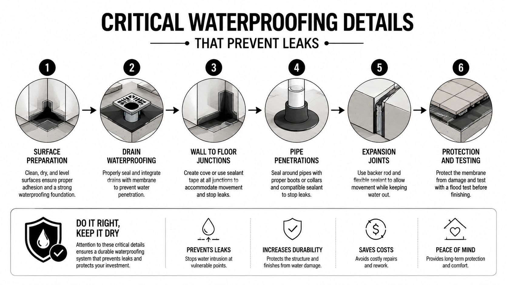 An infographic showing six critical steps for professional wet area waterproofing to prevent leaks and water damage.