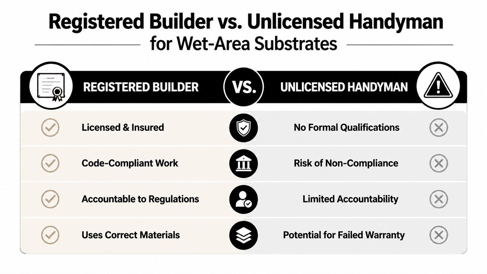 A comparison chart showing the advantages of hiring a registered builder over an unlicensed handyman for wet-area projects.
