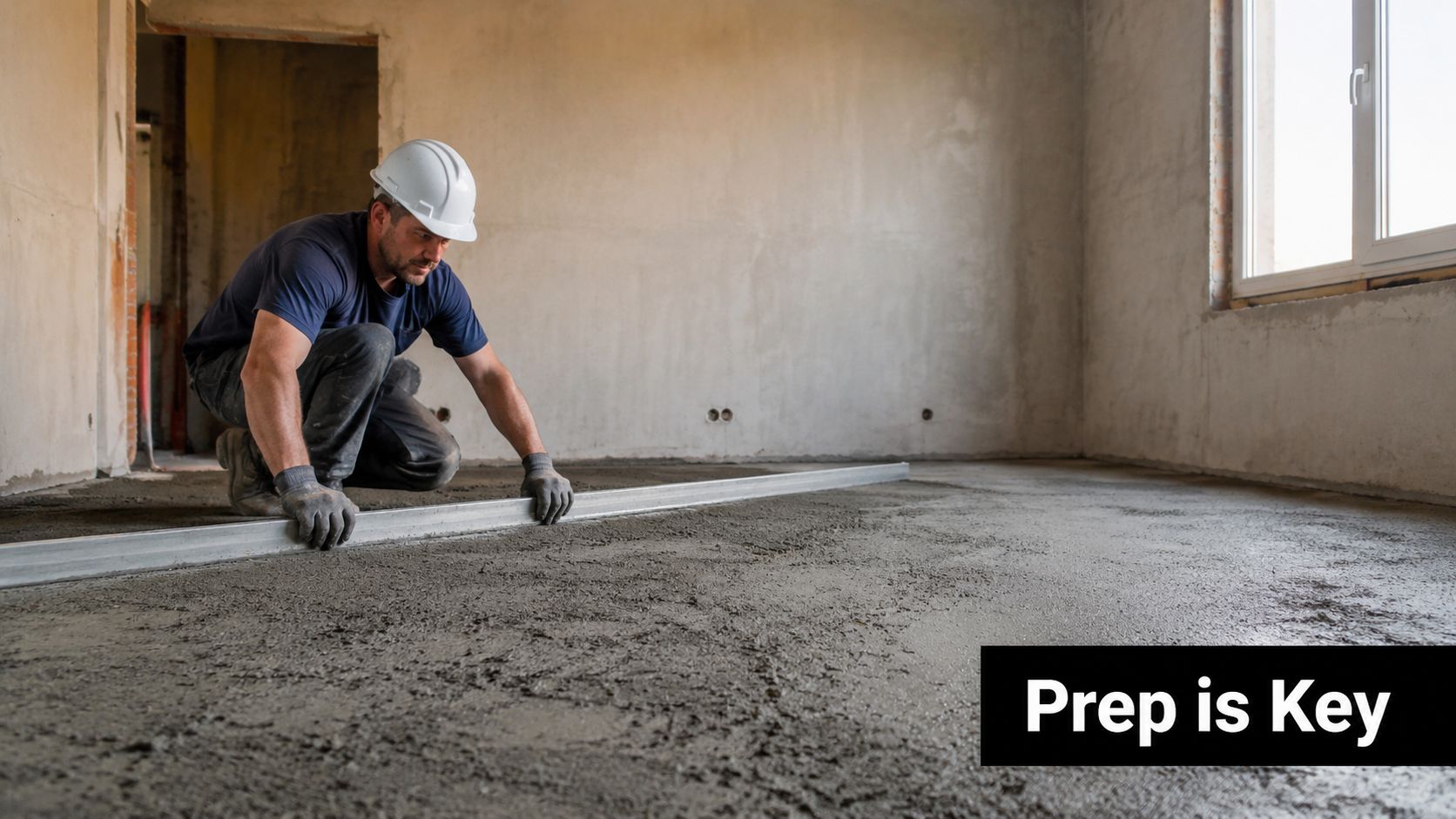 A construction worker in a hard hat smoothing wet concrete on a floor with a leveling tool.