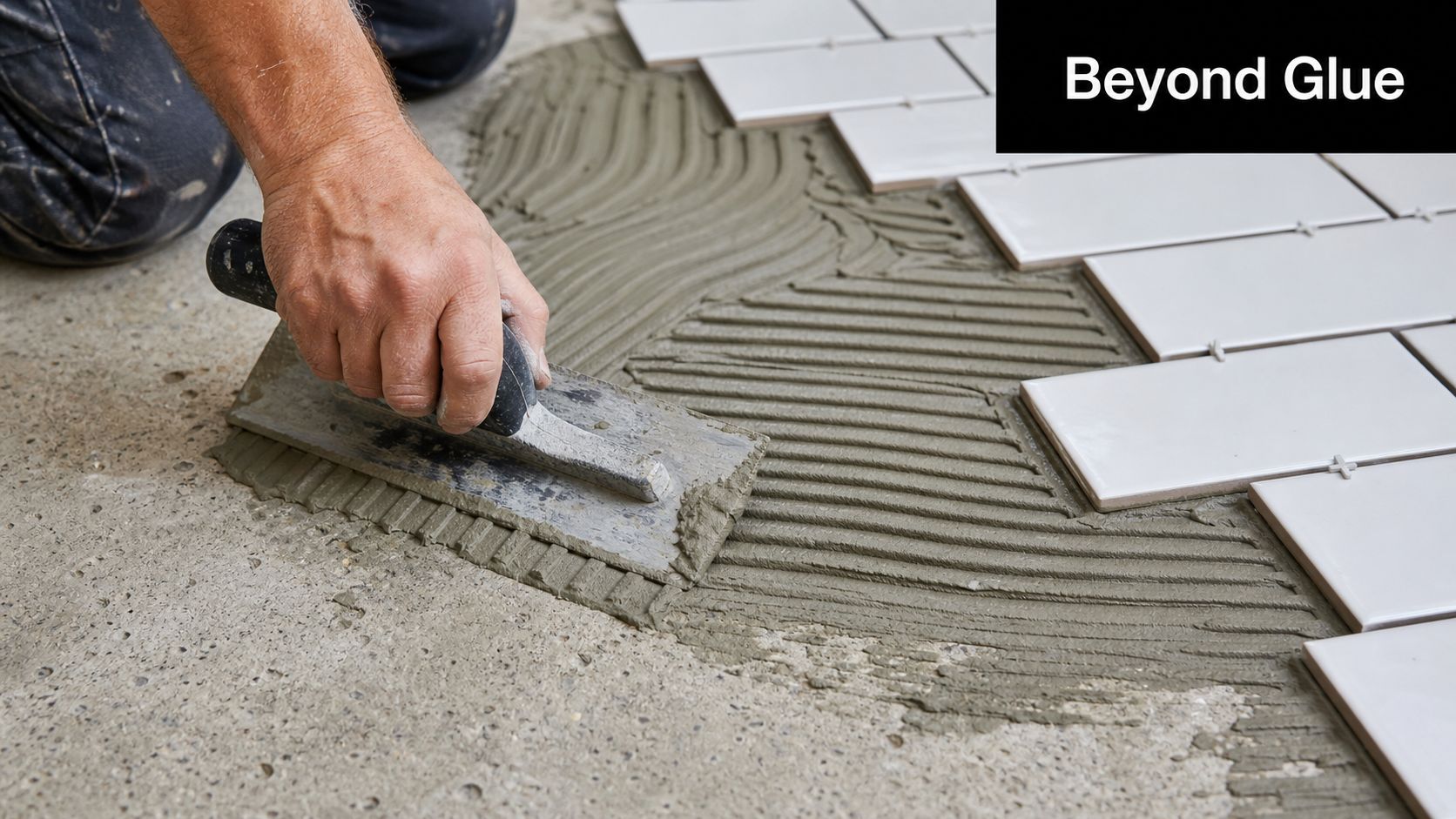 A construction worker spreading thin-set mortar on a floor using a notched trowel to prepare for tiling.