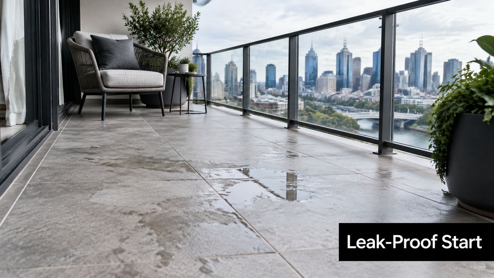 A modern apartment balcony featuring a puddle of water on stone tiles with a cityscape view.