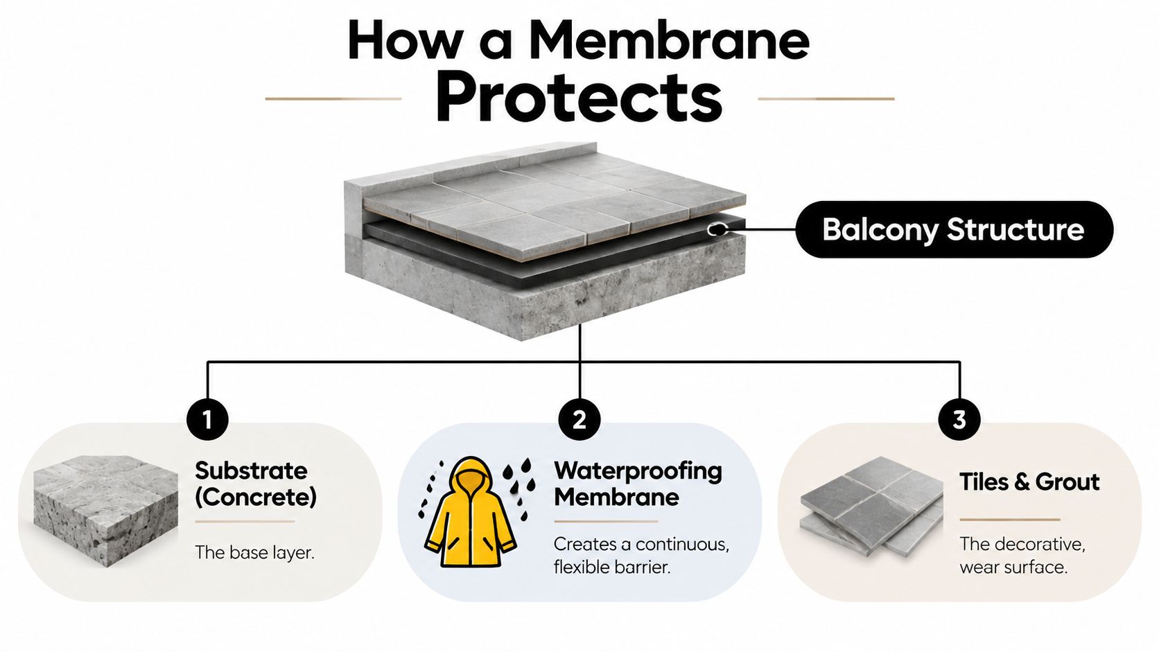 A diagram illustrating the three essential layers of balcony construction including concrete, waterproofing membrane, and tiled surface.