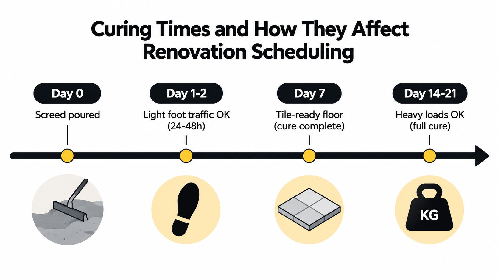 A timeline chart illustrating the stages of curing times for a floor screed renovation project.
