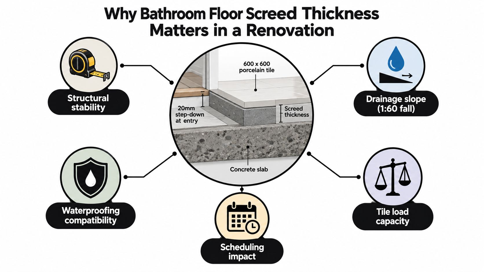 A diagram illustrating the five key reasons why bathroom floor screed thickness matters during renovation projects.
