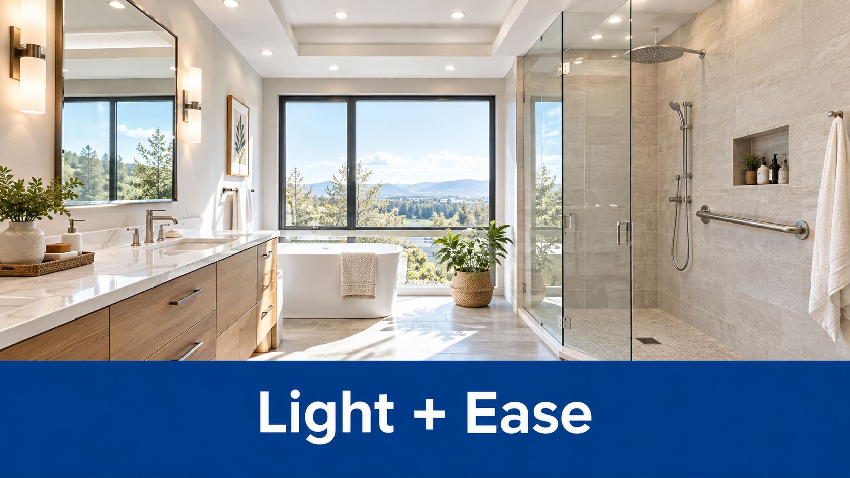 A modern, bright bathroom with a soaking tub, wooden vanity, and a large walk-in glass shower.