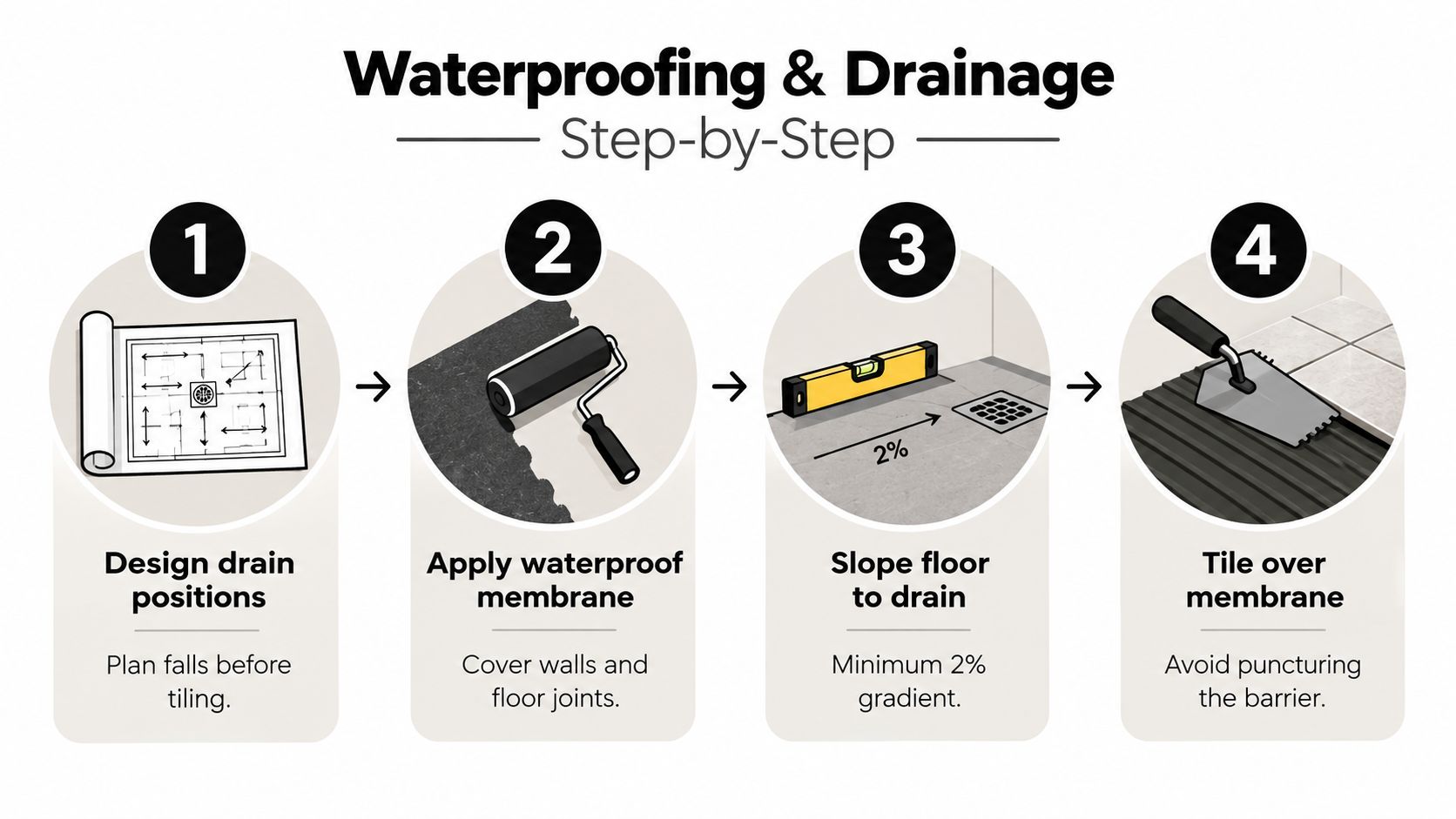 A four-step infographic illustrating the waterproofing and drainage process for a bathroom renovation project.