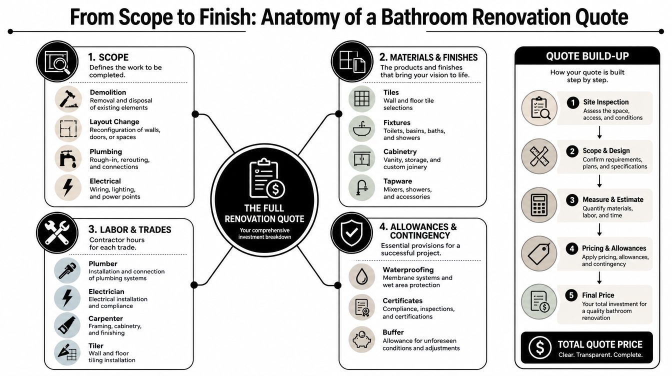 An infographic titled From Scope to Finish detailing the key components of a bathroom renovation quote.