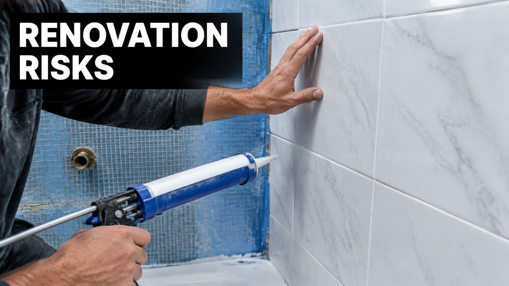 A professional construction worker uses a caulking gun to seal bathroom wall tiles during a renovation project.