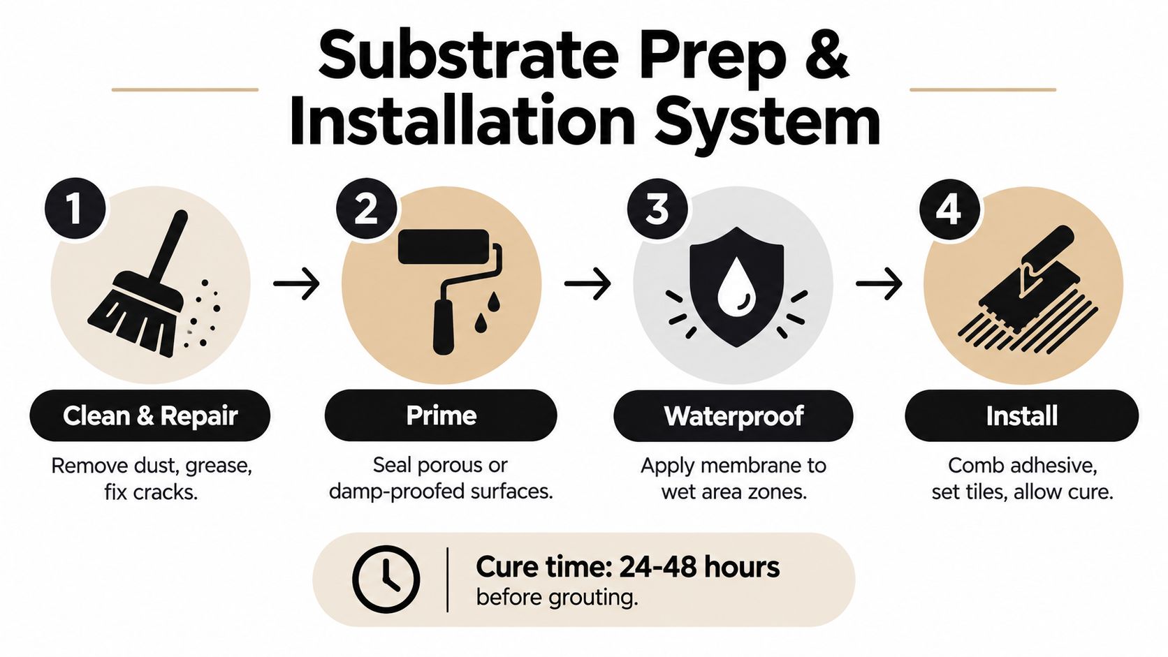 A step-by-step infographic showing substrate preparation and tile installation process for bathroom flooring and walls.