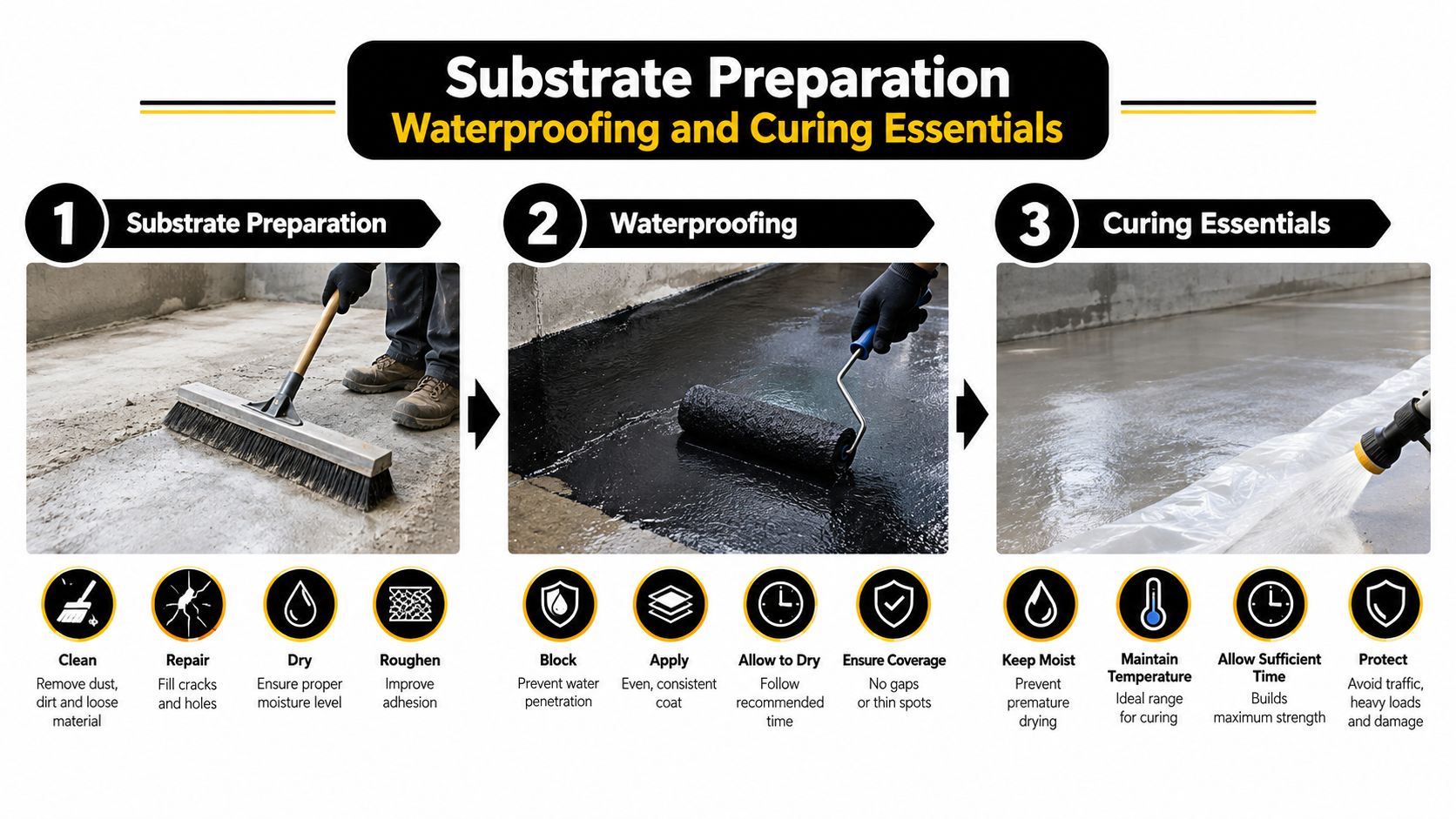 A professional guide showing the three steps of substrate preparation, waterproofing application, and concrete curing essentials.