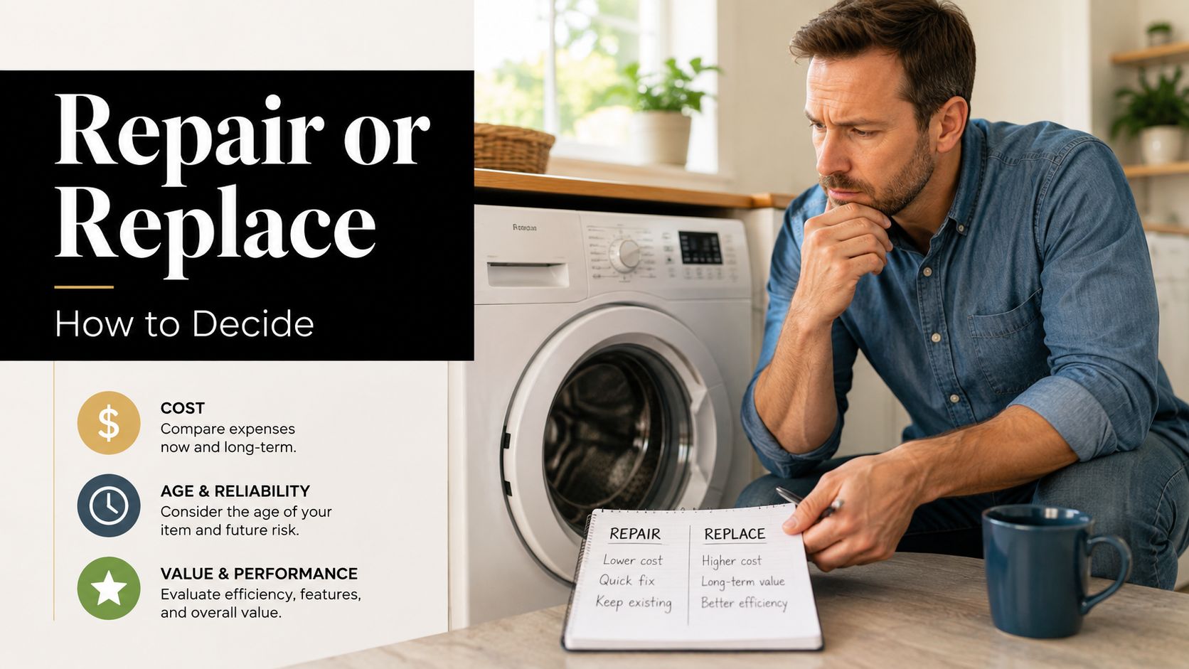 A man looks thoughtfully at a broken washing machine while comparing repair versus replacement options on paper.