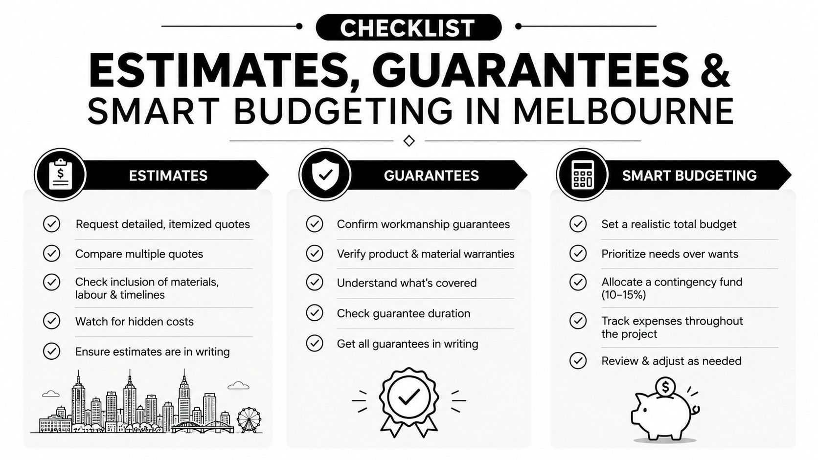 A checklist infographic titled Estimates, Guarantees and Smart Budgeting for renovation projects in Melbourne, Australia.