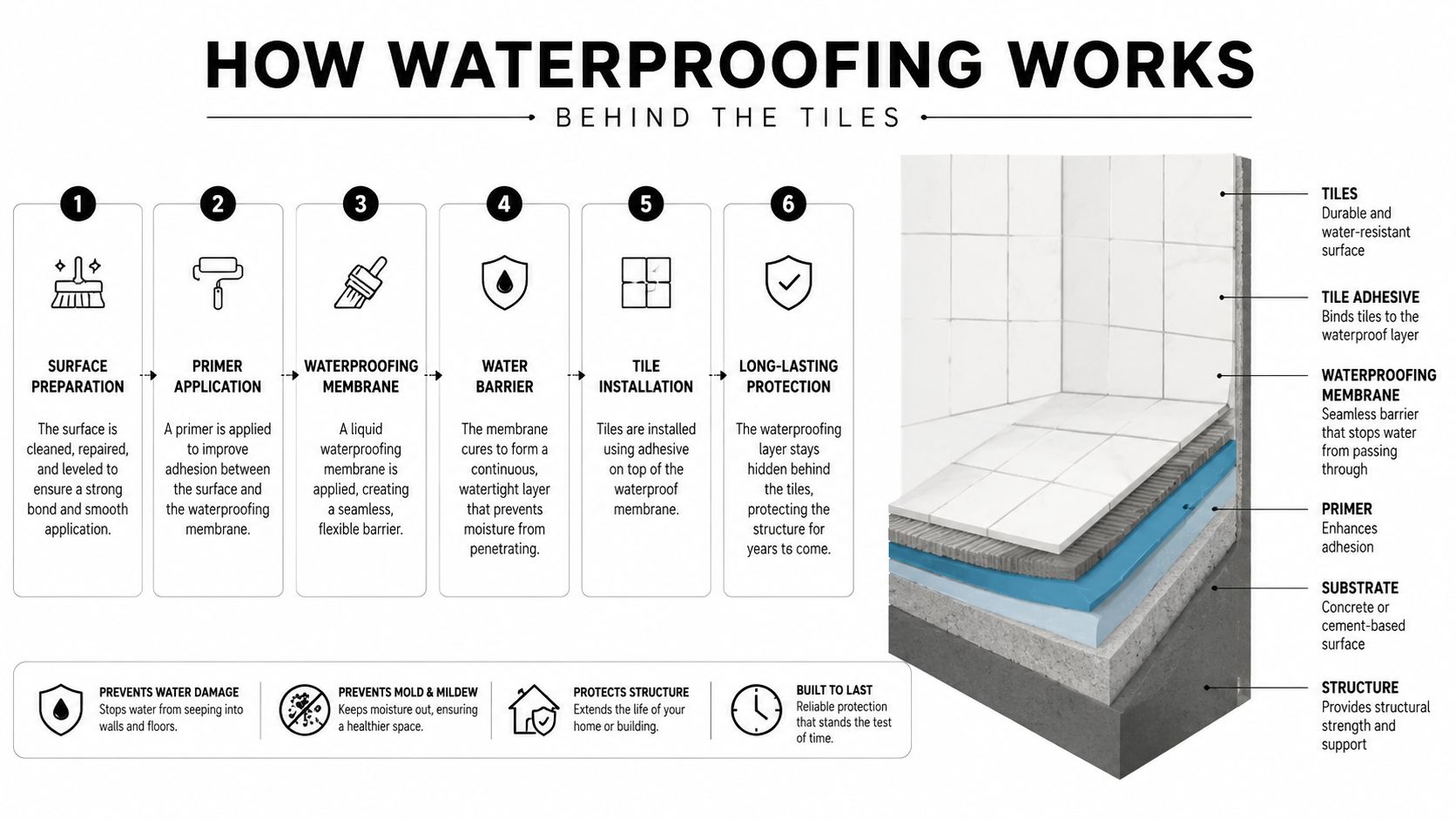 A step-by-step infographic illustrating the six-stage professional process for installing waterproofing behind bathroom shower tiles.