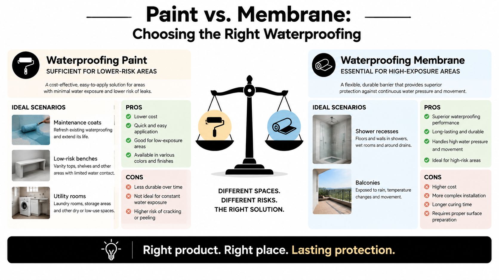 An infographic comparing waterproofing paint and membranes for different areas, explaining when to choose each solution.