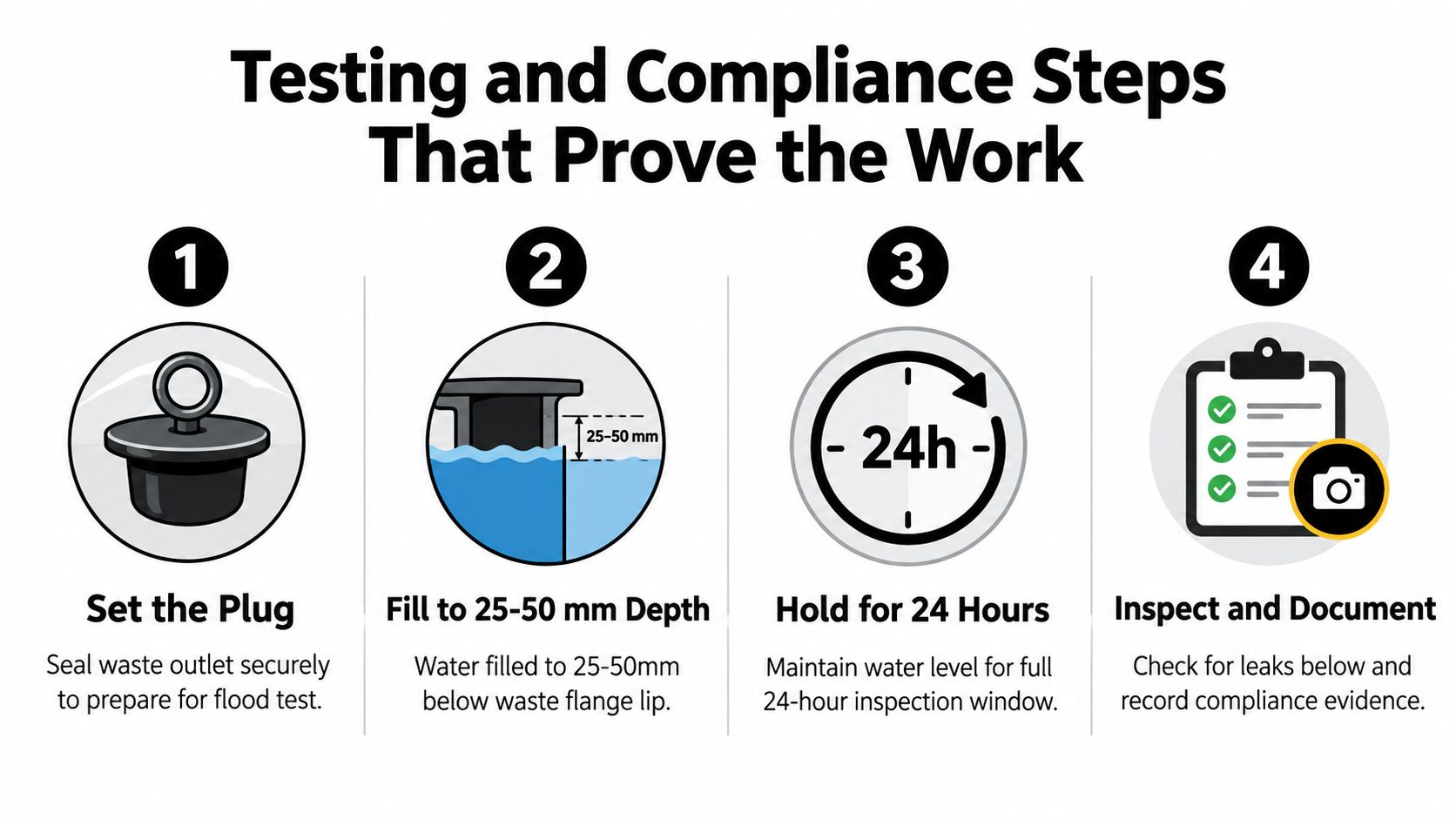 A four-step infographic illustrating standard bathroom waterproofing flood testing procedures for compliance and quality assurance.