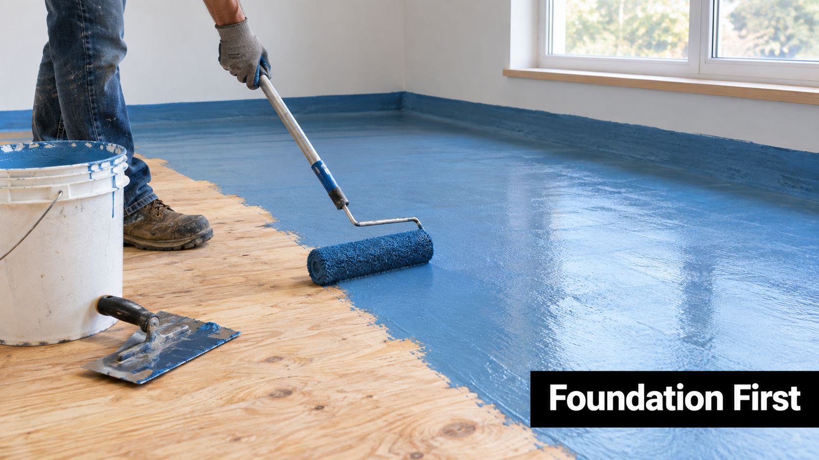 A professional construction worker applying blue waterproof sealant to a wooden floor with a paint roller.