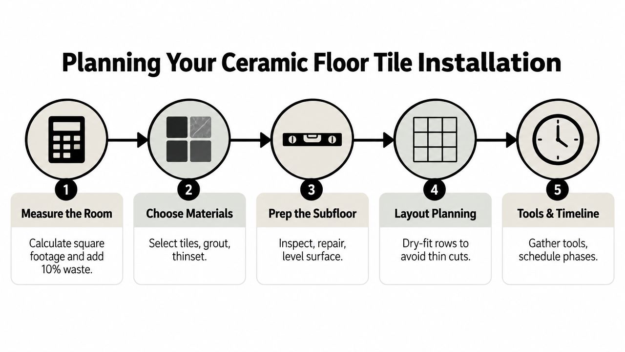 A five-step infographic showing the planning process for a ceramic floor tile installation project.