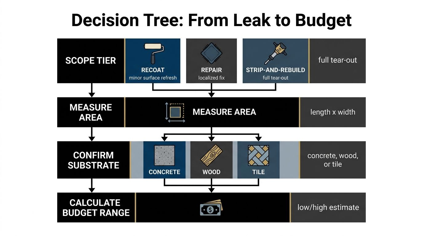A decision tree infographic titled From Leak to Budget illustrating steps to estimate balcony waterproofing costs.