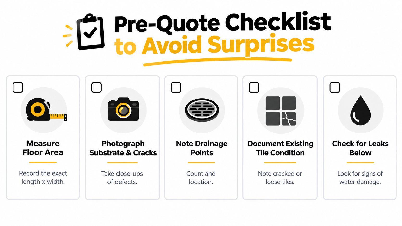 A pre-quote checklist for home maintenance including measuring, photographing, checking drainage, tile condition, and looking for leaks.